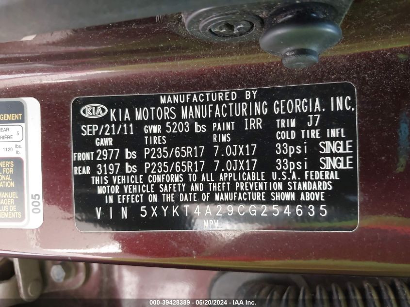 2012 Kia Sorento Lx V6 VIN: 5XYKT4A29CG254635 Lot: 39428389