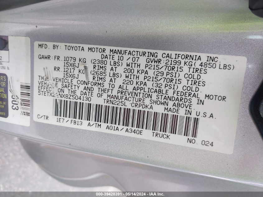 2008 Toyota Tacoma VIN: 5TETX22NX8Z504130 Lot: 39428391