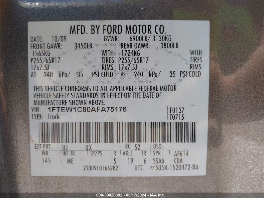 2010 Ford F-150 Xl/Xlt VIN: 1FTEW1C80AFA75176 Lot: 39428392