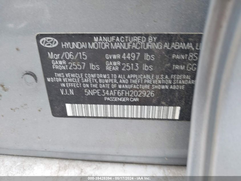 2015 Hyundai Sonata Limited VIN: 5NPE34AF6FH202926 Lot: 39428394