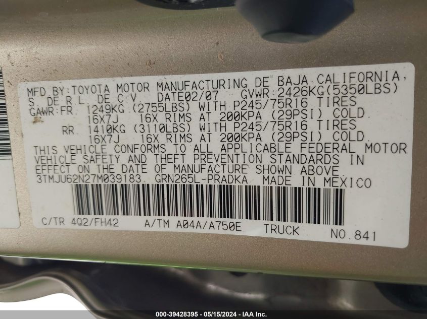 2007 Toyota Tacoma Prerunner V6 VIN: 3TMJU62N27M039183 Lot: 39428395