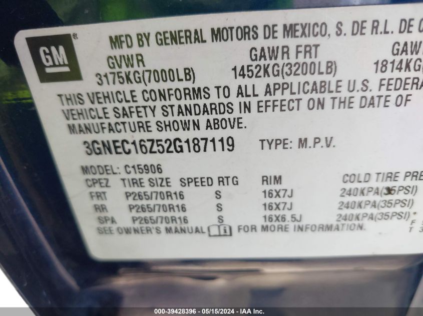 2002 Chevrolet Suburban 1500 Lt VIN: 3GNEC16Z52G187119 Lot: 39428396