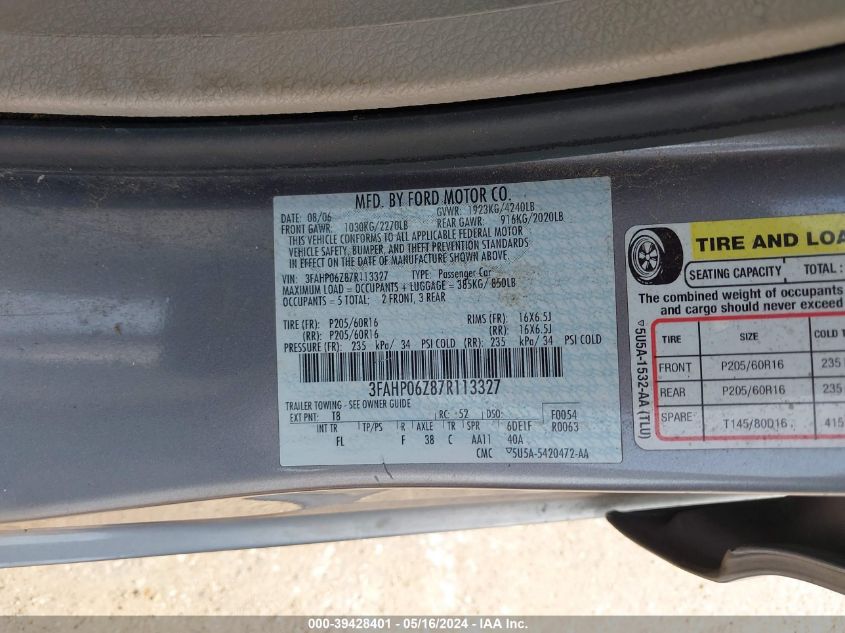 2007 Ford Fusion S VIN: 3FAHP06Z87R113327 Lot: 39428401