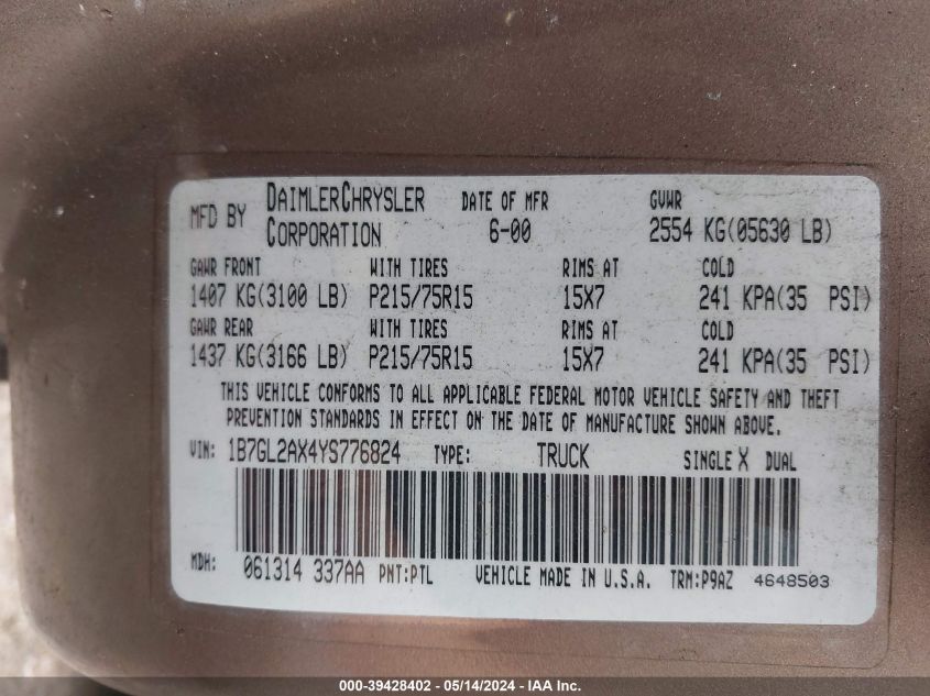 2000 Dodge Dakota Slt/Sport VIN: 1B7GL2AX4YS776824 Lot: 39428402