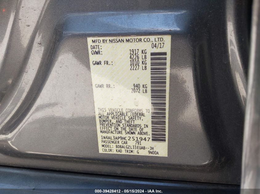 2017 Nissan Altima 2.5 S VIN: 1N4AL3AP9HC251947 Lot: 39428412