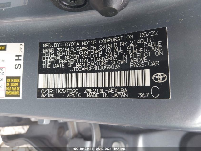 2022 Toyota Corolla Hybrid Le VIN: JTDEAMDE4NJ059036 Lot: 39428414