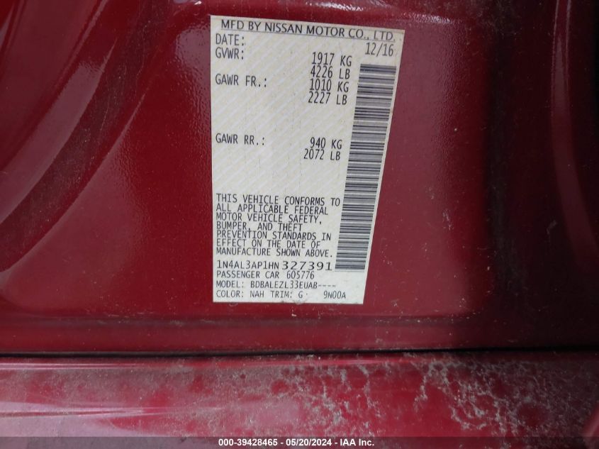 2017 Nissan Altima 2.5 S VIN: 1N4AL3AP1HN327391 Lot: 39428465