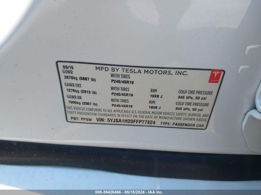 2015 Tesla Model S 70D/85D/P85D VIN: 5YJSA1H20FFP77824 Lot: 39428466