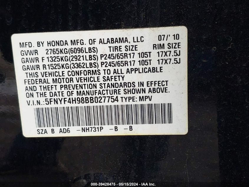2011 Honda Pilot Touring VIN: 5FNYF4H98BB027754 Lot: 39428475