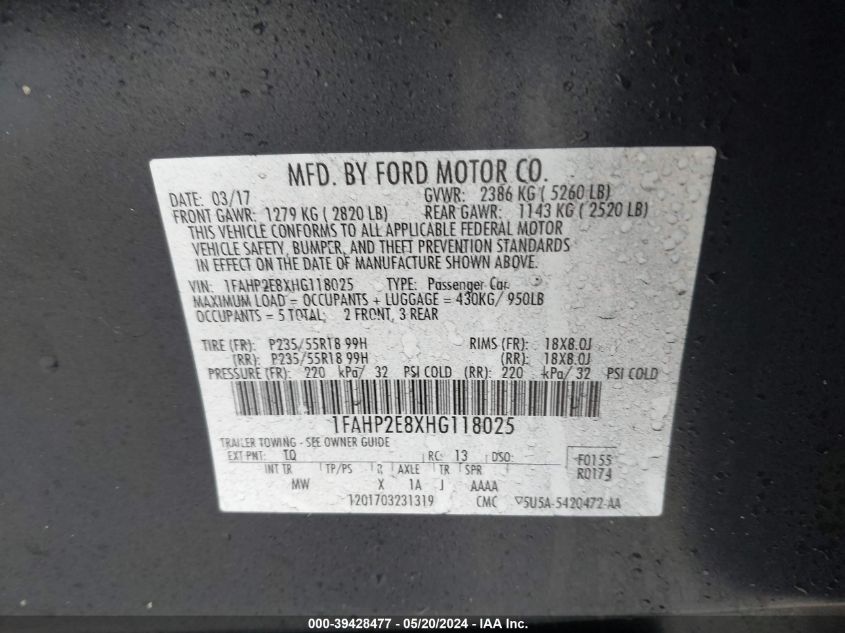 2017 Ford Taurus Sel VIN: 1FAHP2E8XHG118025 Lot: 39428477