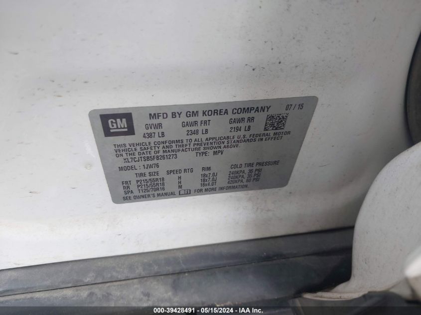 2015 Chevrolet Trax Ltz VIN: KL7CJTSB5FB261273 Lot: 39428491