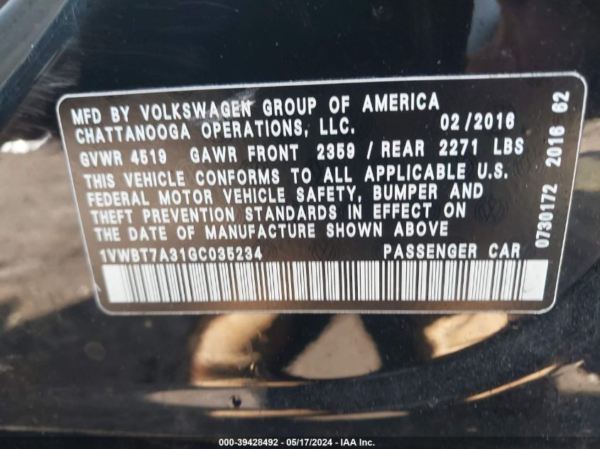 2016 Volkswagen Passat 1.8T Se VIN: 1VWBT7A31GC035234 Lot: 39428492