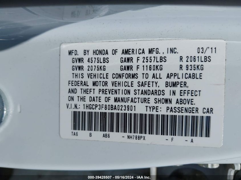 2011 Honda Accord Exl VIN: 1HGCP3F80BA023901 Lot: 39428507