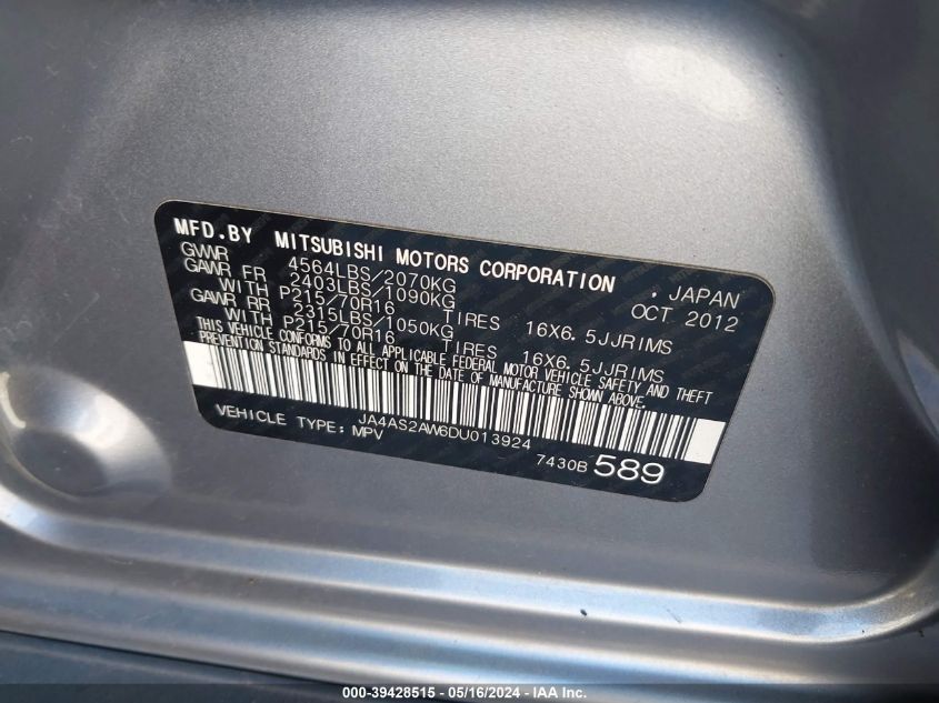 2013 Mitsubishi Outlander Es VIN: JA4AS2AW6DU013924 Lot: 39428515