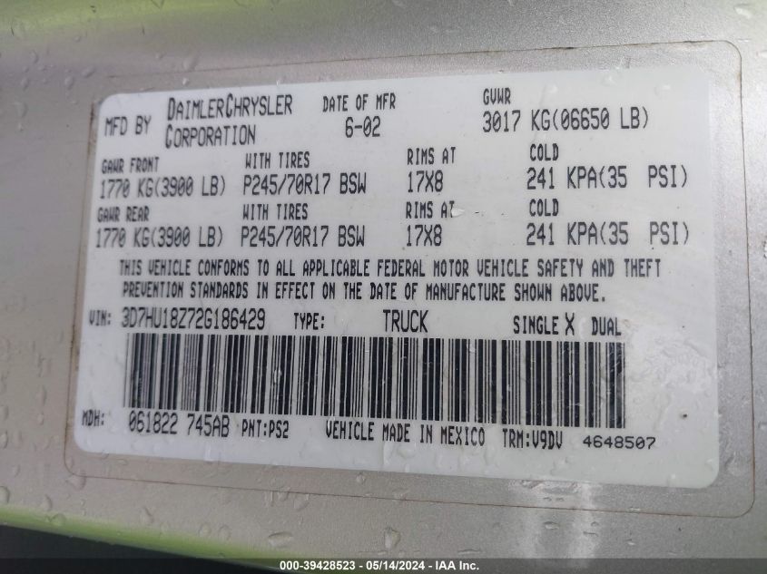 2002 Dodge Ram 1500 St VIN: 3D7HU18Z72G186429 Lot: 39428523