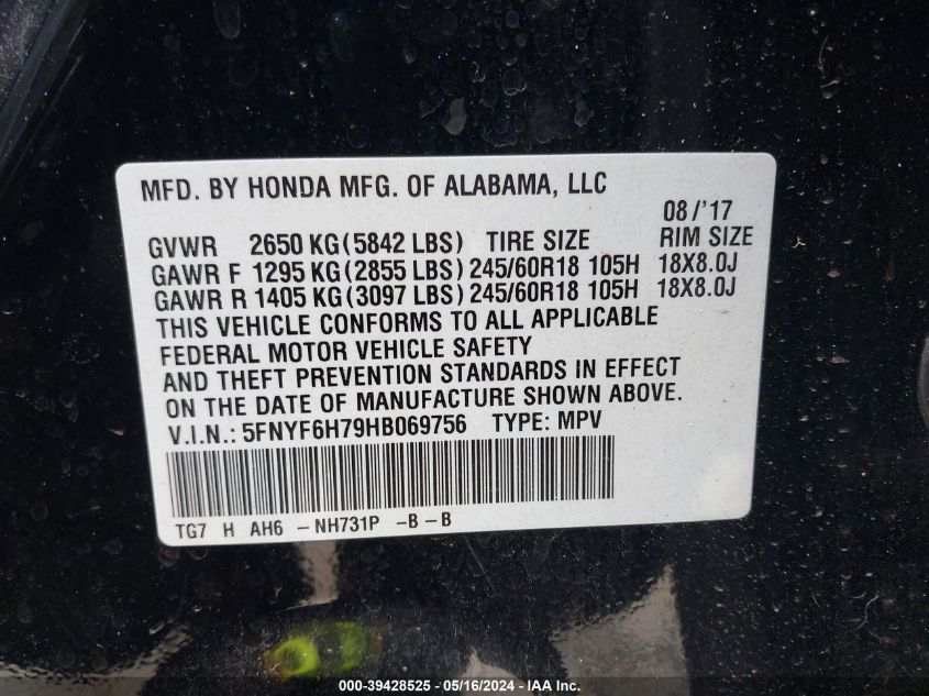 2017 Honda Pilot Ex-L VIN: 5FNYF6H79HB069756 Lot: 39428525