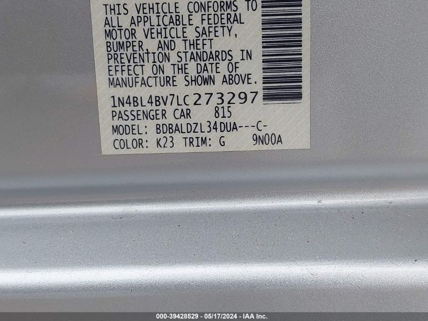 2020 Nissan Altima S Fwd VIN: 1N4BL4BV7LC273297 Lot: 39428529