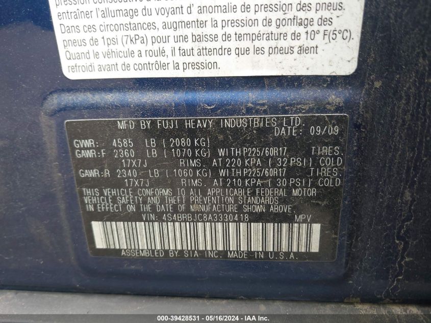 2010 Subaru Outback 2.5I Limited VIN: 4S4BRBJC8A3330418 Lot: 39428531