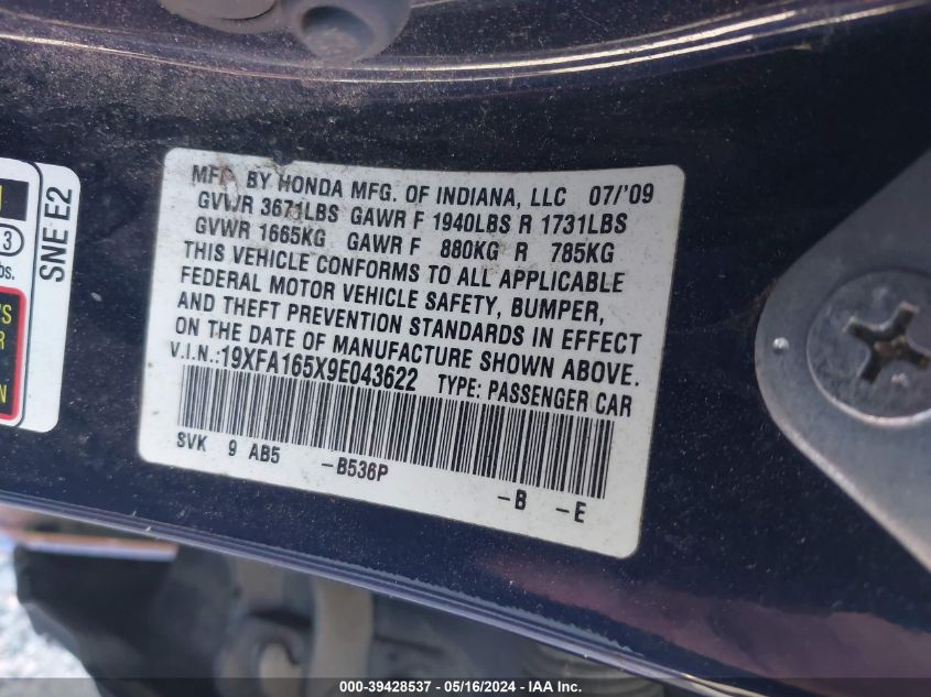 2009 Honda Civic Lx VIN: 19XFA165X9E043622 Lot: 39428537