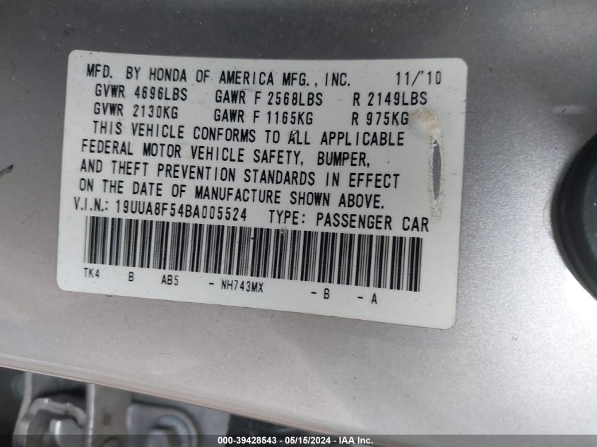 2011 Acura Tl 3.5 VIN: 19UUA8F54BA005524 Lot: 39428543