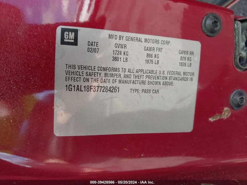 2007 Chevrolet Cobalt Lt VIN: 1G1AL18F377284261 Lot: 39428566