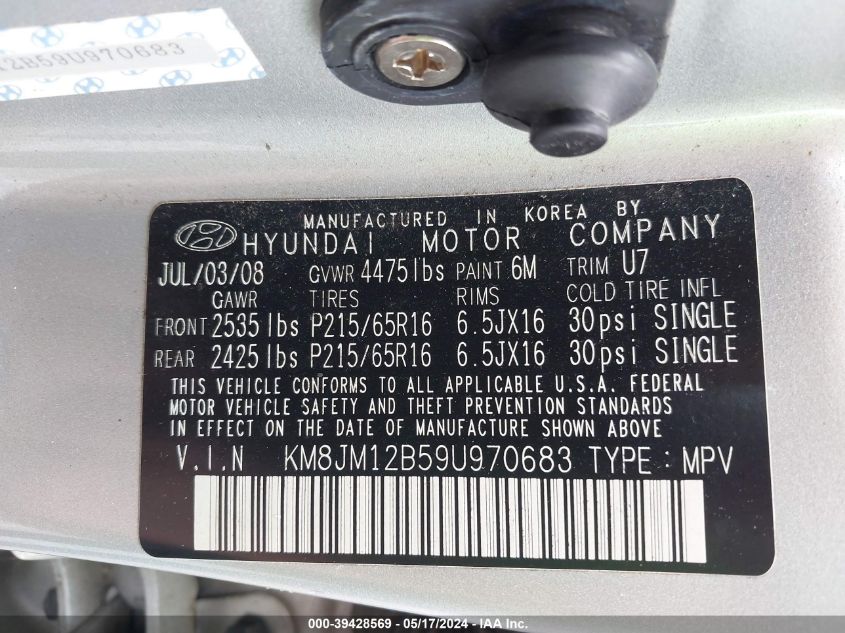 2009 Hyundai Tucson Gls VIN: KM8JM12B59U970683 Lot: 39428569