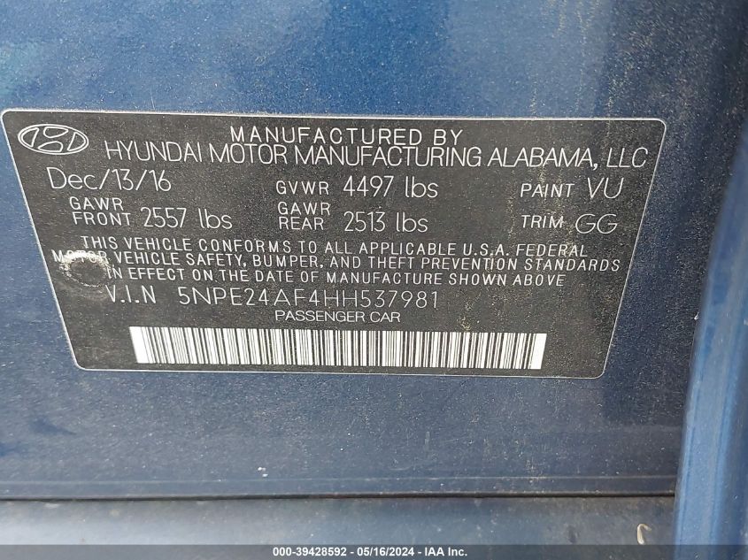 2017 Hyundai Sonata VIN: 5NPE24AF4HH537981 Lot: 39428592