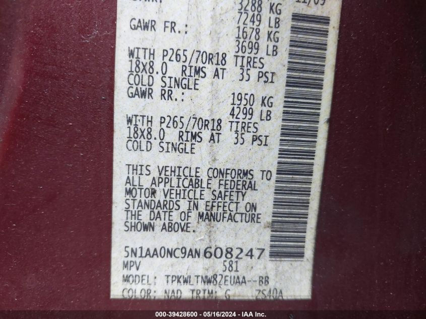 2010 Nissan Armada Se VIN: 5N1AA0NC9AN608247 Lot: 39428600