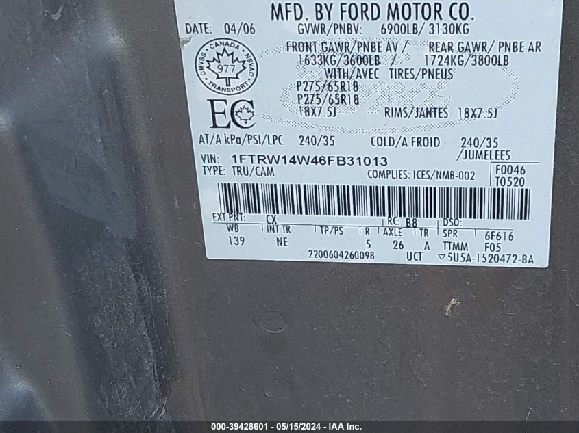 2006 Ford F-150 Xlt VIN: 1FTRW14W46FB31013 Lot: 39428601