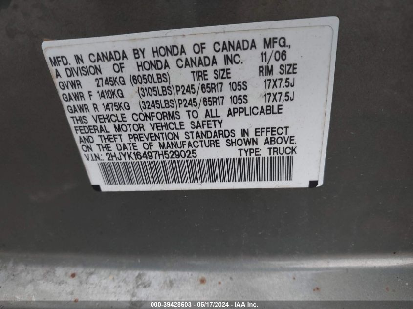 2007 Honda Ridgeline Rts VIN: 2HJYK16497H529025 Lot: 39428603
