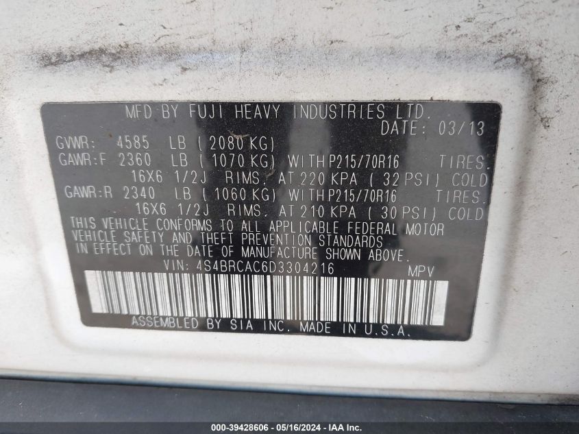 2013 Subaru Outback 2.5I VIN: 4S4BRCAC6D3304216 Lot: 39428606