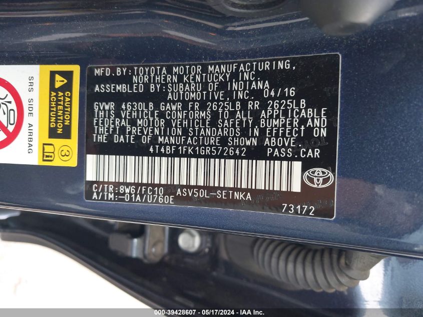 2016 Toyota Camry Le VIN: 4T4BF1FK1GR572642 Lot: 39428607
