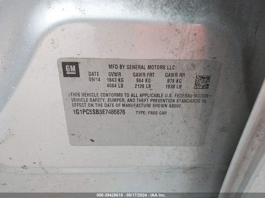 2014 Chevrolet Cruze 1Lt Auto VIN: 1G1PC5SB3E7486876 Lot: 39428615