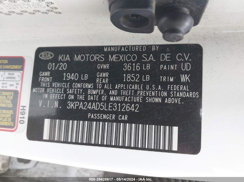 2020 Kia Rio Lx VIN: 3KPA24AD5LE312642 Lot: 39428617