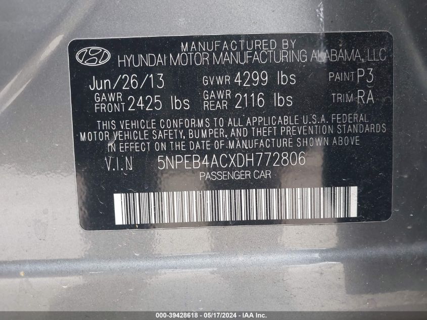 2013 Hyundai Sonata Gls VIN: 5NPEB4ACXDH772806 Lot: 39428618