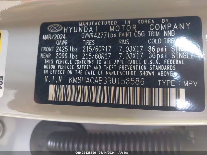 2024 Hyundai Kona Se VIN: KM8HACAB3RU153586 Lot: 39428620