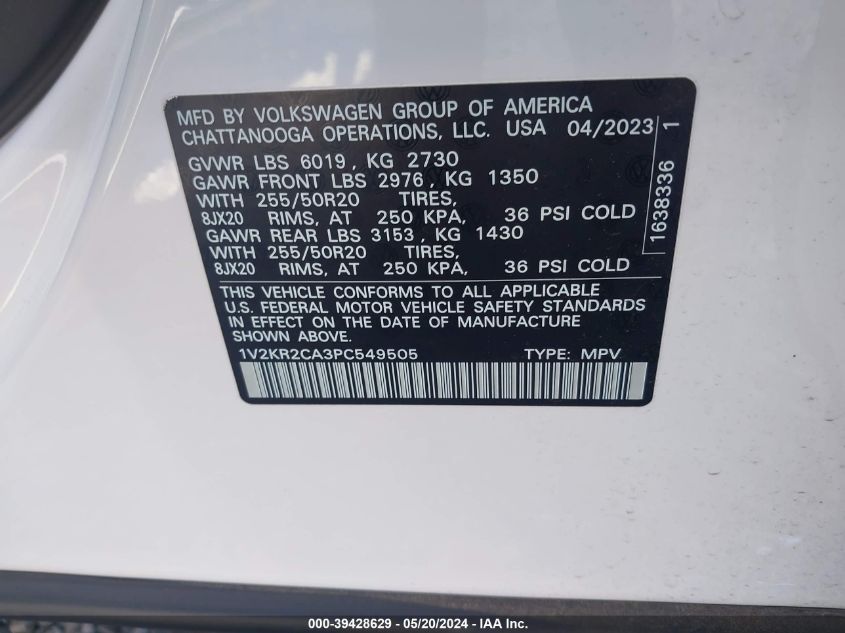 2023 Volkswagen Atlas Se VIN: 1V2KR2CA3PC549505 Lot: 39428629