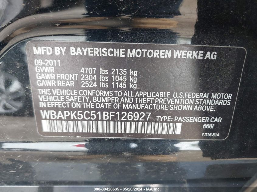 2011 BMW 328I xDrive VIN: WBAPK5C51BF126927 Lot: 39428635
