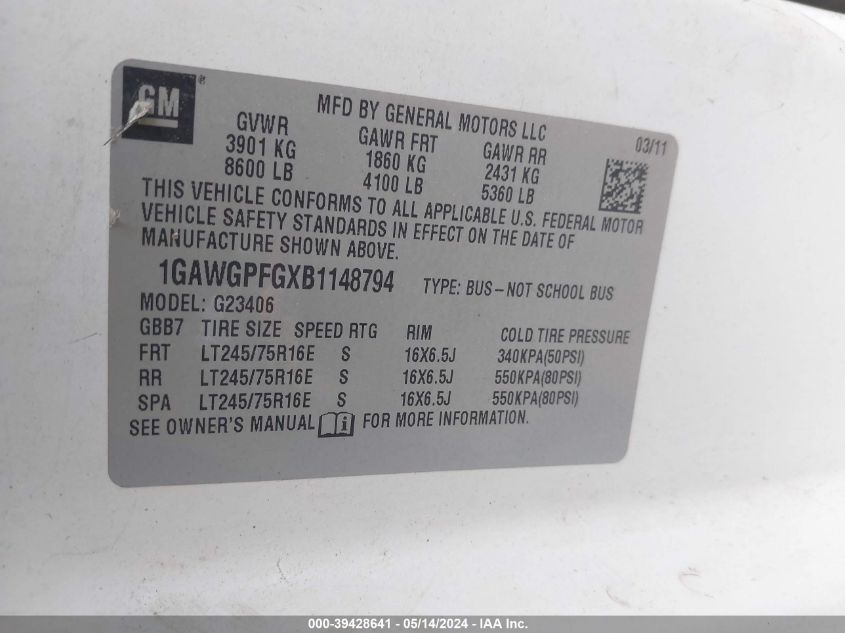 2011 Chevrolet Express 2500 Ls VIN: 1GAWGPFGXB1148794 Lot: 39428641
