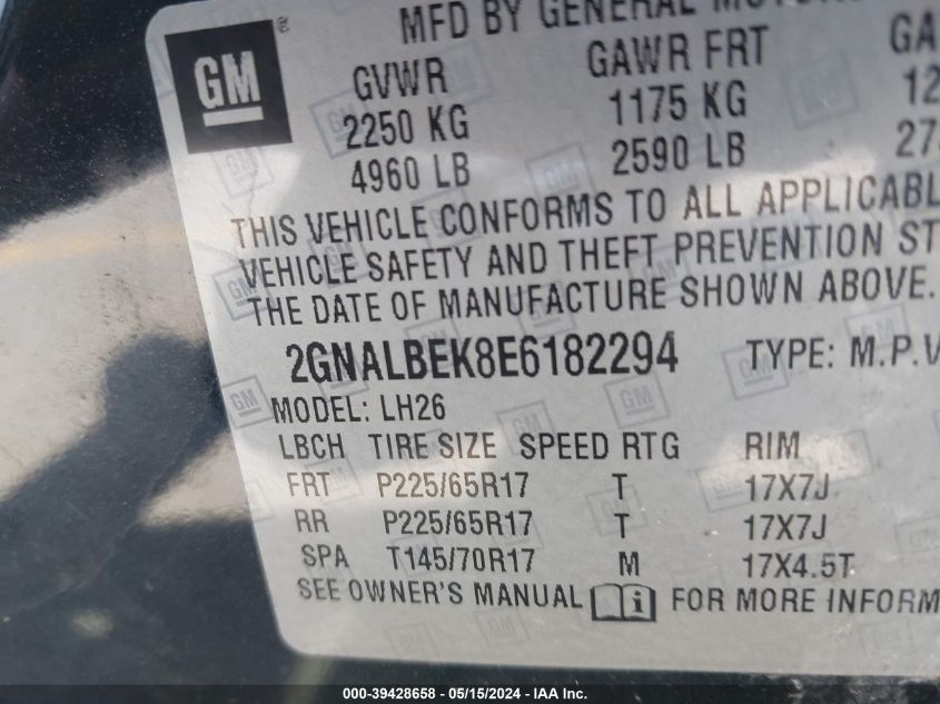 2014 Chevrolet Equinox 1Lt VIN: 2GNALBEK8E6182294 Lot: 39428658