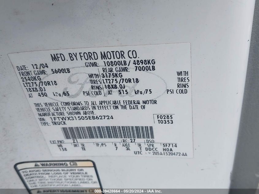 2005 Ford F-350 Lariat/Xl/Xlt VIN: 1FTWX31505EB62724 Lot: 39428664