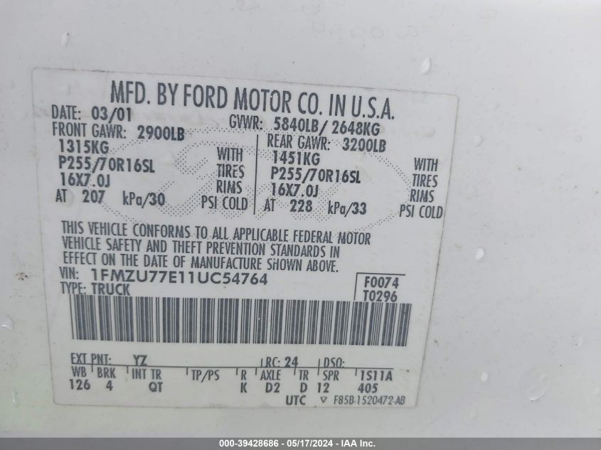 2001 Ford Explorer Sport Trac VIN: 1FMZU77E11UC54764 Lot: 39428686