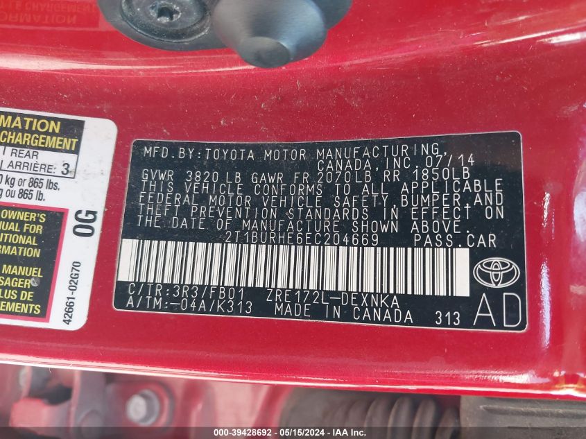 2014 Toyota Corolla Le VIN: 2T1BURHE6EC204669 Lot: 39428692