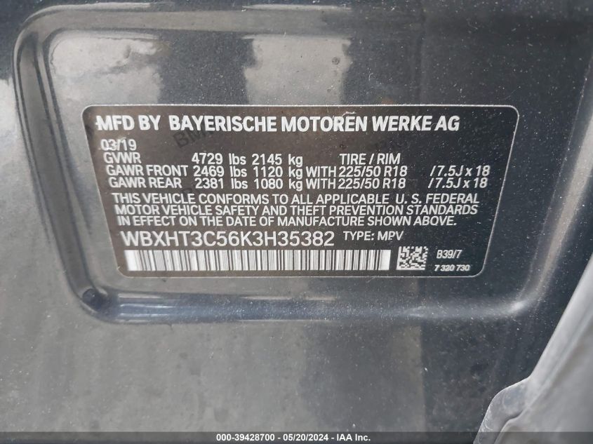 2019 BMW X1 VIN: WBXHT3C56K3H35382