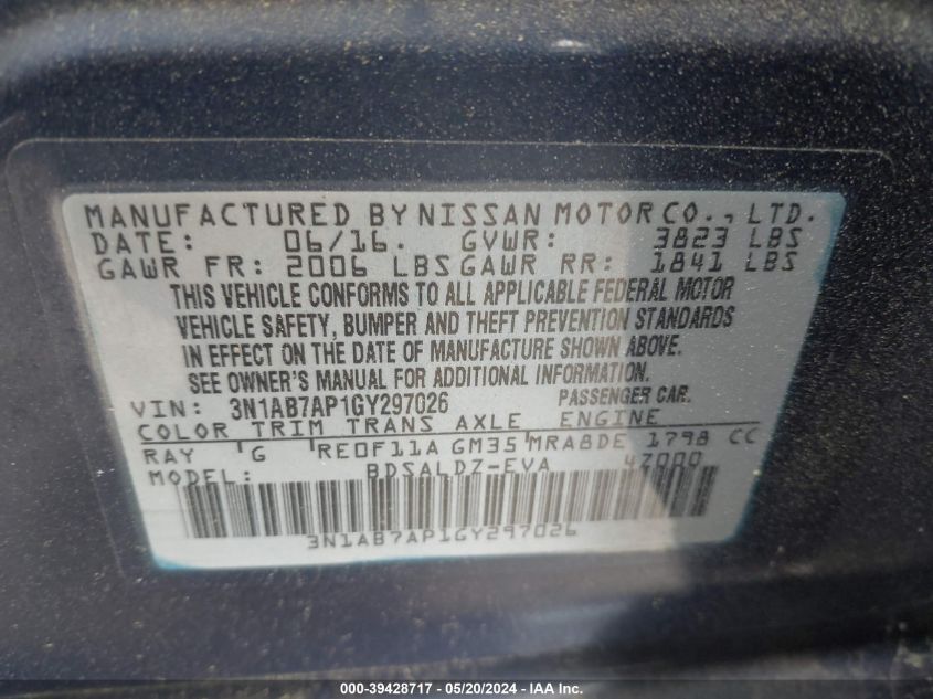 2016 Nissan Sentra Sv VIN: 3N1AB7AP1GY297026 Lot: 39428717