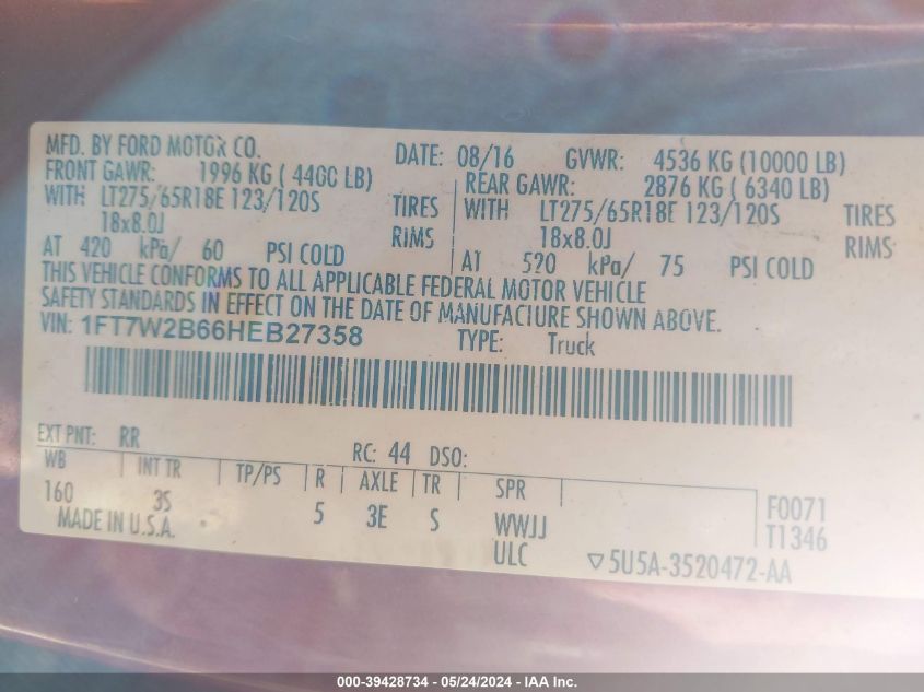 2017 Ford F-250 Xlt VIN: 1FT7W2B66HEB27358 Lot: 39428734