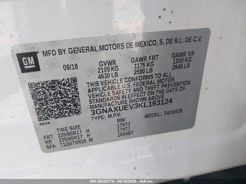 2019 Chevrolet Equinox Lt VIN: 3GNAXUEV3KL193124 Lot: 39428774