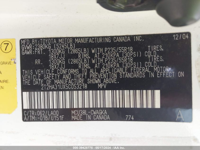 2005 Lexus Rx 330 VIN: 2T2HA31UX5C053218 Lot: 39428775