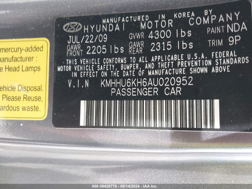 2010 Hyundai Genesis VIN: KMHHU6KH6AU020952 Lot: 39428778