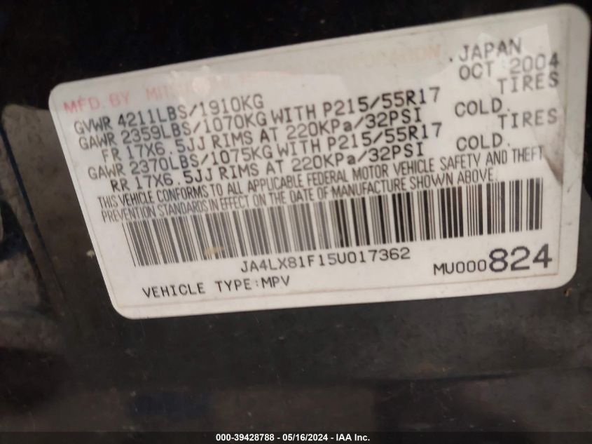 2005 Mitsubishi Outlander Limited VIN: JA4LX81F15U017362 Lot: 39428788